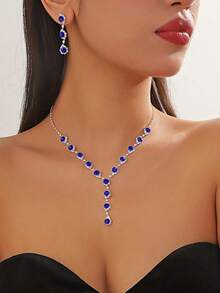 Women's Elegant Jewelry Set Sparkling Blue Rhinestone Necklace & Earrings Set, Perfect For Parties, Weddings Or Other Formal Events - Blue - View 6