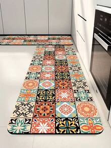 1/2片装硅胶厨房垫，高端田园风格撞色拼接图案，奢华时尚风格，缓冲防疲劳厨房地毯，厚度约3毫米，吸水性强，简约硅胶软橡胶垫，适用于厨房、浴室、玄关、洗衣房、书房、客厅等空间。 - 彩色 - 查看 8