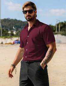 URRU Men's Muscle Dress Shirts Collared Stretch Short Sleeve Casual Button Down Shirts For Men - 酒紅色 - 查看 3