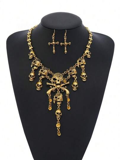 Halloweenfeest sieradenset: piratenschedel met kwastjes, kruisschedelkettingset, casual feestaccessoires