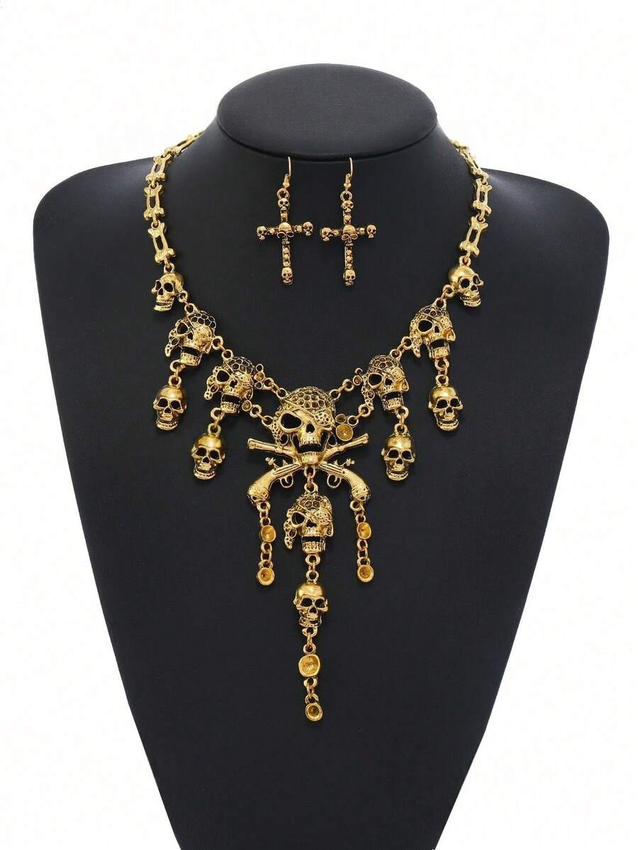 Halloween Party Jewelry Set: Pirate Skull Tassel Necklace, Cross Skull Necklace Set, Casual Party Accessories - Antique Silver - View 1