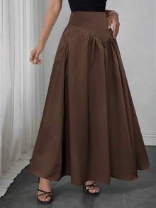 Elegant Women's A-Line Skirt, Suitable For Dates, Student Wear, Daily Travel, Versatile, Casual, Beach And Other Occasions. Elegant And Casual Women's A-Line Skirt, Solid Color, Waist-Shaping, Pleated Design, Woven Fabric, Available In Multiple Colors, Suitable For Outings And Can Also Be Worn As Loungewear. - Mocha Brown - View 7