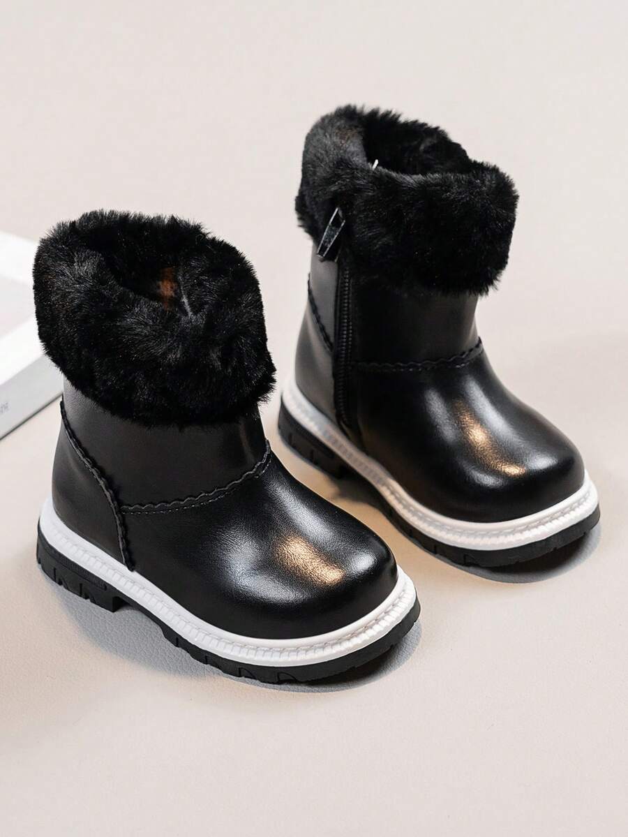 1 Paar süße Mädchen Kinder flauschige Mund bequeme leichte flache Schneestiefel mit Seitlichem Reißverschluss, geeignet für täglichen Outdoor-Einsatz im Herbst/Winter