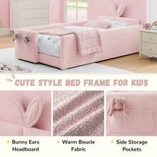 YOGLAD Twin Size Upholstered Platform Bed Frame With Cute Rabbit Ear Shaped Headboard & Safety Rails, Kids Bed With Storage Drawers, Boucle Fabric, Soft Plush Headboard, No Box Spring Needed, Easy Assembly, Modern Nursery Bedroom Furniture For Girls Boys Toddlers - 粉色 - 查看 4
