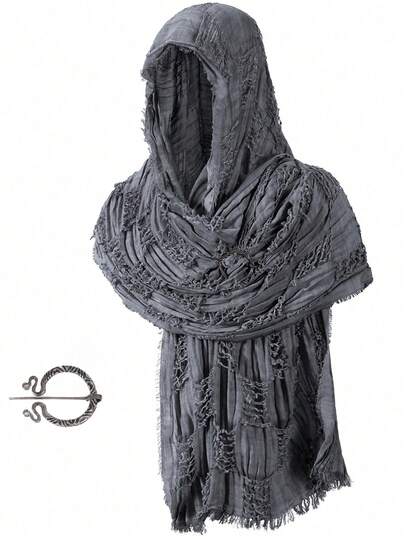 Wrap Dune Wasteland Hooded Shawl With Viking Brooch | Cowl Scarf Rogue Medieval Cloak Renaissance Costume Cape Accessories Halloween Costume