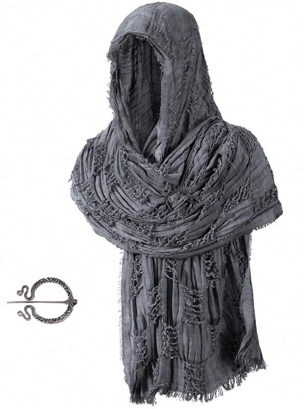 Wrap Dune Wasteland Hooded Shawl With Viking Brooch | Cowl Scarf Rogue Medieval Cloak Renaissance Costume Cape Accessories Halloween Costume