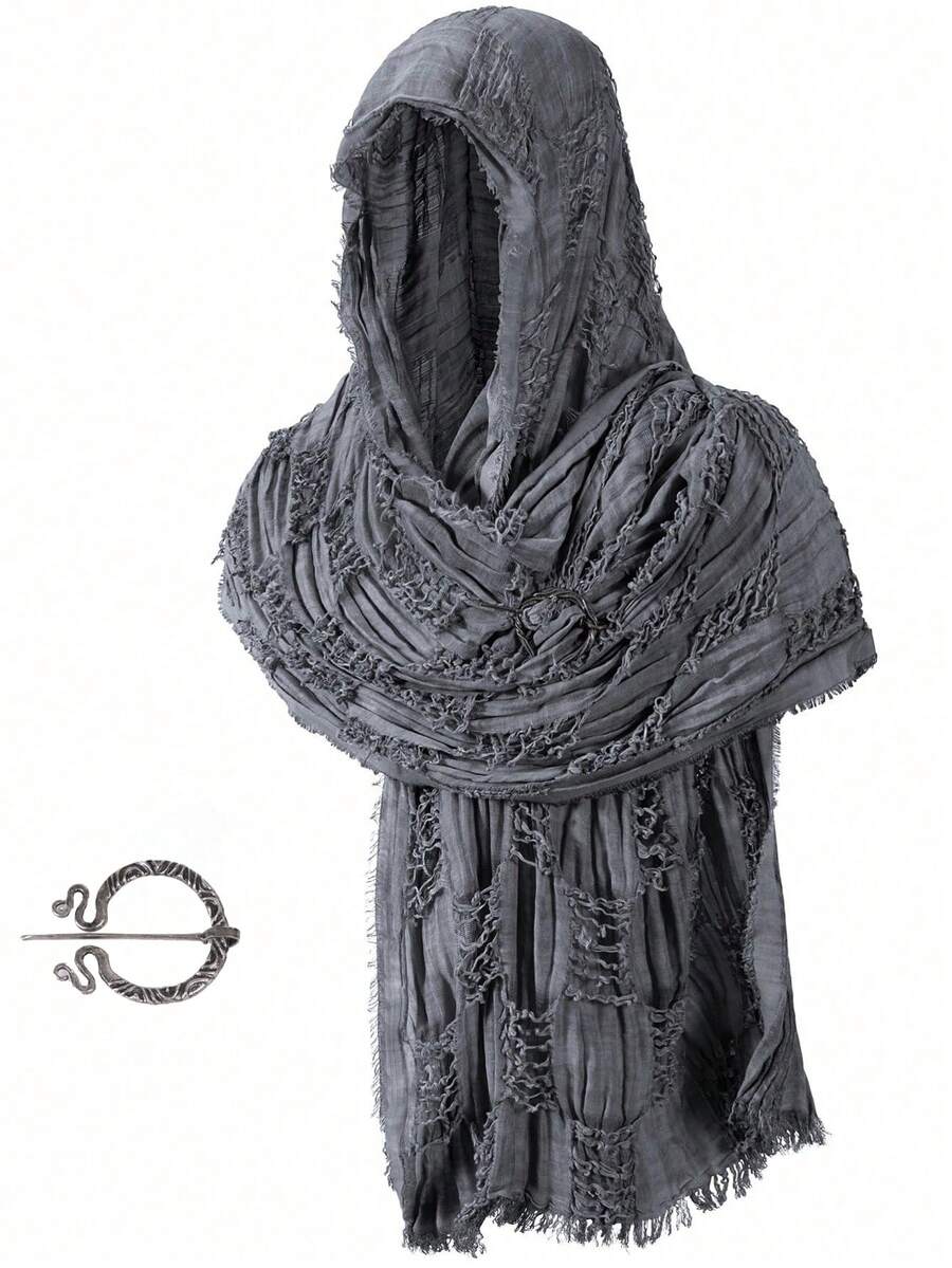 Wrap Dune Wasteland Hooded Shawl With Viking Brooch | Cowl Scarf Rogue Medieval Cloak Renaissance Costume Cape Accessories Halloween Costume
