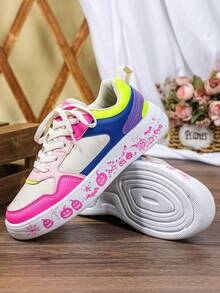 多巴胺风格拼色网眼拼布平底滑板鞋，舒适百搭，独特时尚万圣节限量版蜘蛛、南瓜、蝙蝠粉色涂鸦，低帮系带，防尘透气休闲运动鞋，适合女士 - 粉紅藍玫紅底白粉 - 查看 5