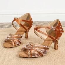 Women's Bronze Satin Latin Dance Shoes, Ballroom Dance, Tango And Salsa Shoes, Indoor Party Sandals, Soft-Soled Rhinestone Wedding Shoes, 7.5cm Heels - Bronze - View 1