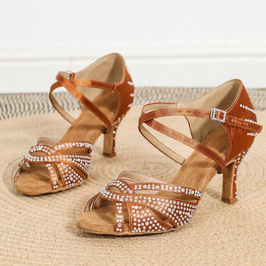 Women's Bronze Satin Latin Dance Shoes, Ballroom Dance, Tango And Salsa Shoes, Indoor Party Sandals, Soft-Soled Rhinestone Wedding Shoes, 7.5cm Heels - Bronze - View 1