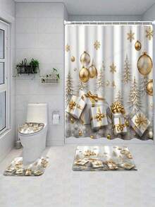 1/4 Pcs Christmas Gray & White Background Gold Foil Print Shower Curtain, Waterproof Polyester Fabric, Walk-In Shower Curtain With 12 Hooks, Bathroom Non-Slip Mat, Toilet Seat Cover And U-Shaped Pad, New Year Bathroom Decor Set