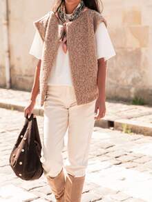 女士柔软纯色马海毛面料毛绒圆领无袖背心，适合度假和日常穿着，秋冬季 - 摩卡棕 - 查看 4