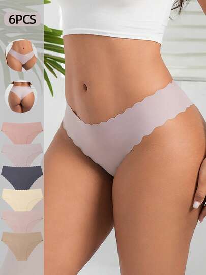 6pcs Seamless Wavy Hem Icy Silk Panties, Comfortable & Breathable Daily Wear For Women