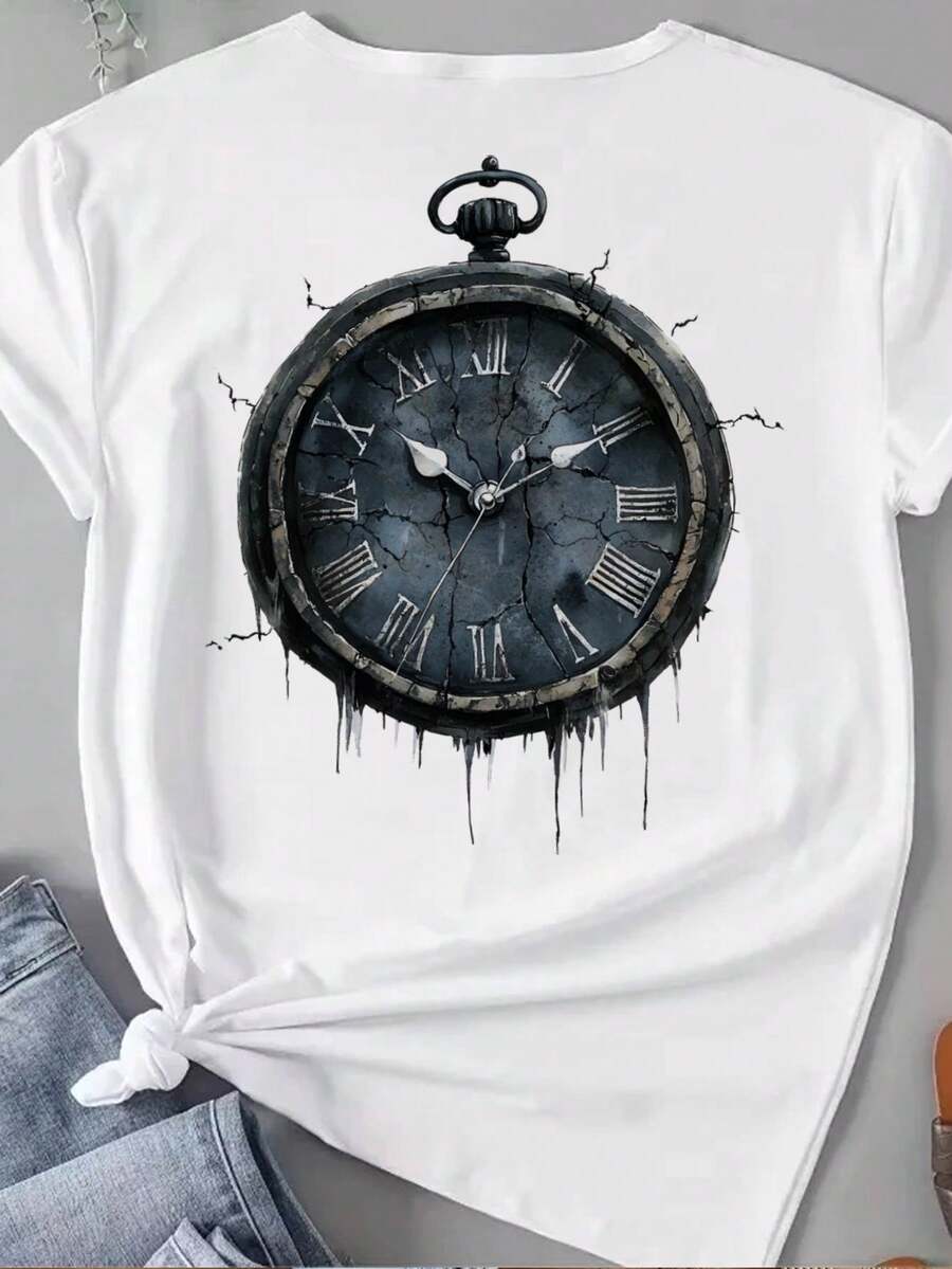 Vintage Frozen Clock, Short Sleeve Shirt, Graphic Shirt, Breathable Cotton Keeps You Cool And Comfortable During A Workout, Casual T-Shirt Graphic Tees, 100 Percent Cotton Shirts, White Street Graphic Tees, Men's T-Shirt, Funny Graphic Vintage T Shirts, S-XXXL - 白色-2 - 查看 1