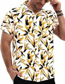 Hawaiian Shirt For Men Short Sleeve Floral Printed Casual Button Down Summer Beach Dress Shirts-20256688 - 黃色03 - 查看 1