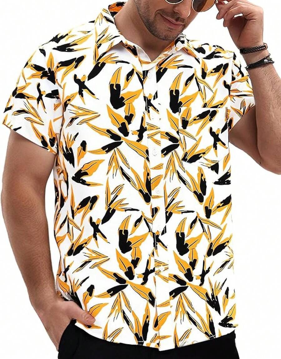 Hawaiian Shirt For Men Short Sleeve Floral Printed Casual Button Down Summer Beach Dress Shirts-20256688 - 黃色03 - 查看 1
