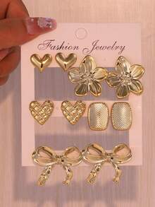 1/5 对时尚金色花朵、心形、蝴蝶结、钻石形耳环套装，适合女性日常佩戴 - 金色 - 查看 7