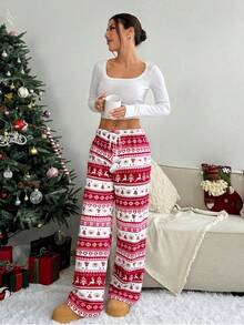 优雅条纹圣诞女装，秋冬服饰，圣诞鹿毛绒球抽绳圣诞睡衣，保暖内衬裤 - 紅色 - 查看 4