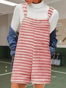 Womens Fall Striped Romper Sleeveless Loose Fit Jumpsuit Tied Shorts With Pockets Outdoor Casual Out - 粉色 - 查看 2