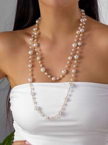 1pc Minimalist Personalized Faux Pearl Beaded Long Chain Necklace, Ins Style CCB Beads Clavicle Chain For Women, Suitable For Party, Gift, Commute, Daily Wear - White - View 2