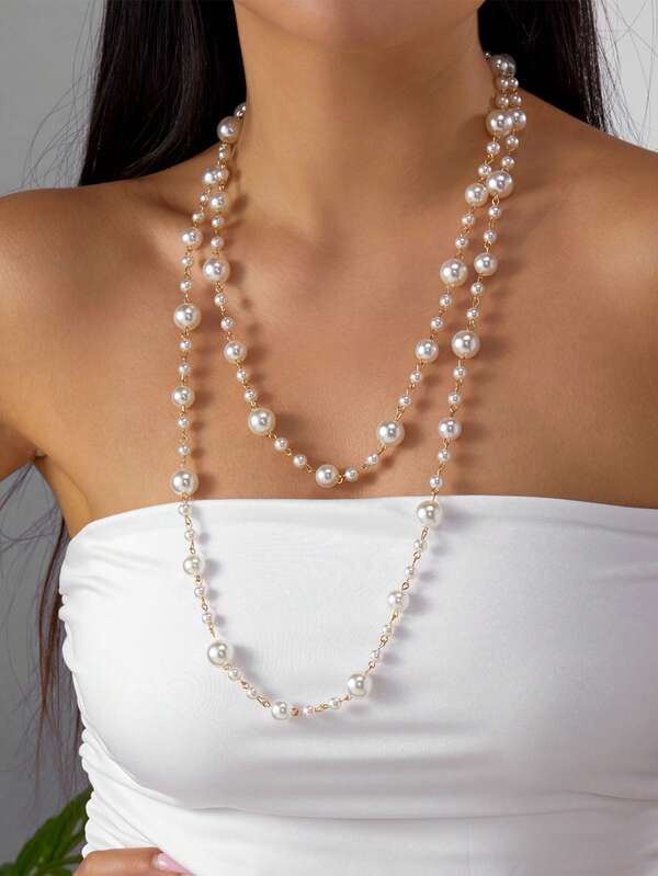 1pc Minimalist Personalized Faux Pearl Beaded Long Chain Necklace, Ins Style CCB Beads Clavicle Chain For Women, Suitable For Party, Gift, Commute, Daily Wear