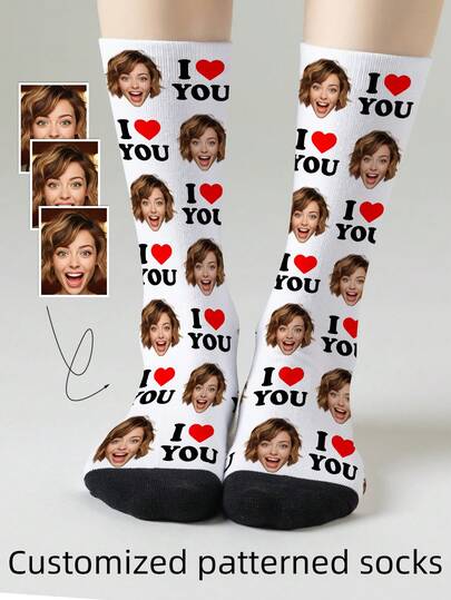 1 Pair Customized Face Design Unisex Mid-Calf Socks, Personalized Socks With Photo & Text Logo, Interesting Custom Portrait Socks For Men & Women, Suitable For Daily Wear, Holidays, Birthdays, Couple & Wedding Gifts