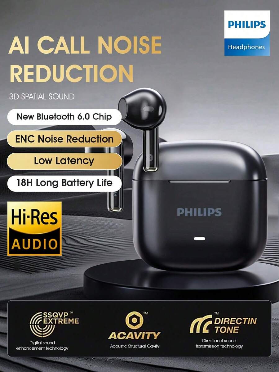 PHILIPS 飞利浦新款蓝牙 6.0 无线耳塞 TAT1420 高保真音质 半入耳式设计 降噪 游戏运动 适用于小米苹果手机 - 黑色 - 查看 1