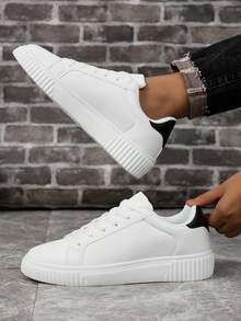 Couples Shoes Size 36-45, Women's Fashion Sneakers, Men's Casual Shoes, PU Leather Casual Lace-Up Flat Shoes For Women, Men's Skateboard Shoes, Black & White Contrast Color Men's Tennis Low-Top Shoes, Lightweight Soft-Sole Walking Shoes, Fitness Training Flat Shoes