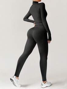 Yefecy 1Pc Women's Solid Color Fleece Lined Tracksuit, Long Sleeve & Pants Slim Fit Sports Outfit, Stretchy Warm Activewear For Daily Workout - Black - View 3