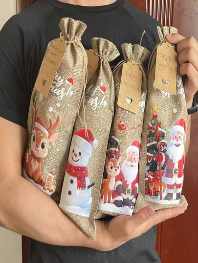 8pcs Christmas Wine Bottle Bags, With Drawstring, Linen Hessian Burlap Wine Gift Bottle Bags, Reusable Fabric Bottle Gift Bags With Blank Tags And Ropes, Suitable For Christmas, Birthday, Christmas Eve, Travel, Holiday, Party
