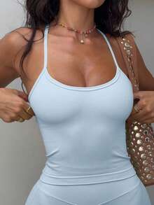 Bộ đồ 2 món AiTyi dành cho nữ, trang phục thể thao thoải mái, thời trang, gợi cảm, phù hợp mặc hàng ngày, tốt nghiệp, trở lại trường, bộ áo hai dây và quần short đa năng - Màu xanh da trời - Xem 6