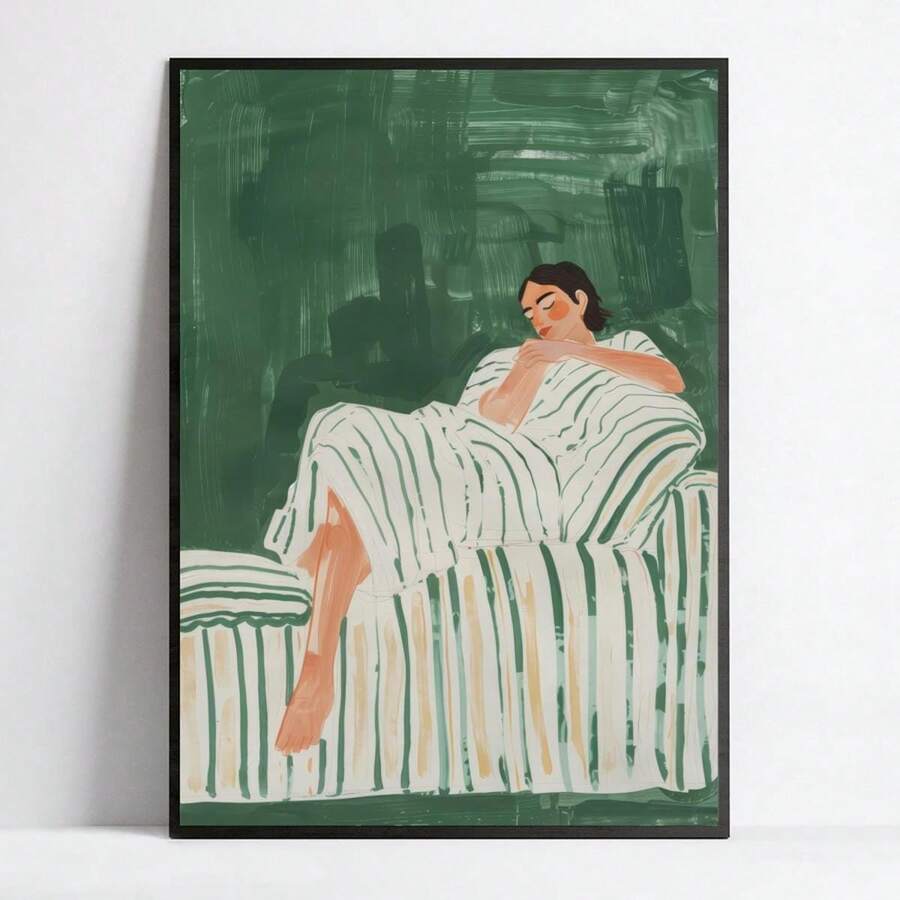 Moody Emerald Green Abstract Sleeping Woman Canvas Art Print - Vintage Mid-Century Modern Minimalist Wall Decor For Living Room, Bedroom, Office, And More - Unframed, Illustration, Kitchen Corridor Bathroom Hotel Bar Coffee Shop, Poster - Multicolor - View 1