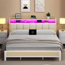 LED Bed Frame With Storage Headboard, Upholstered Bed Frame With Charging Station, Metal Platform Bed Frame With Heavy Duty Metal Slats, No Box Spring Needed, Easy Assembly, Black/ White/ Beige - 米色 - 查看 15