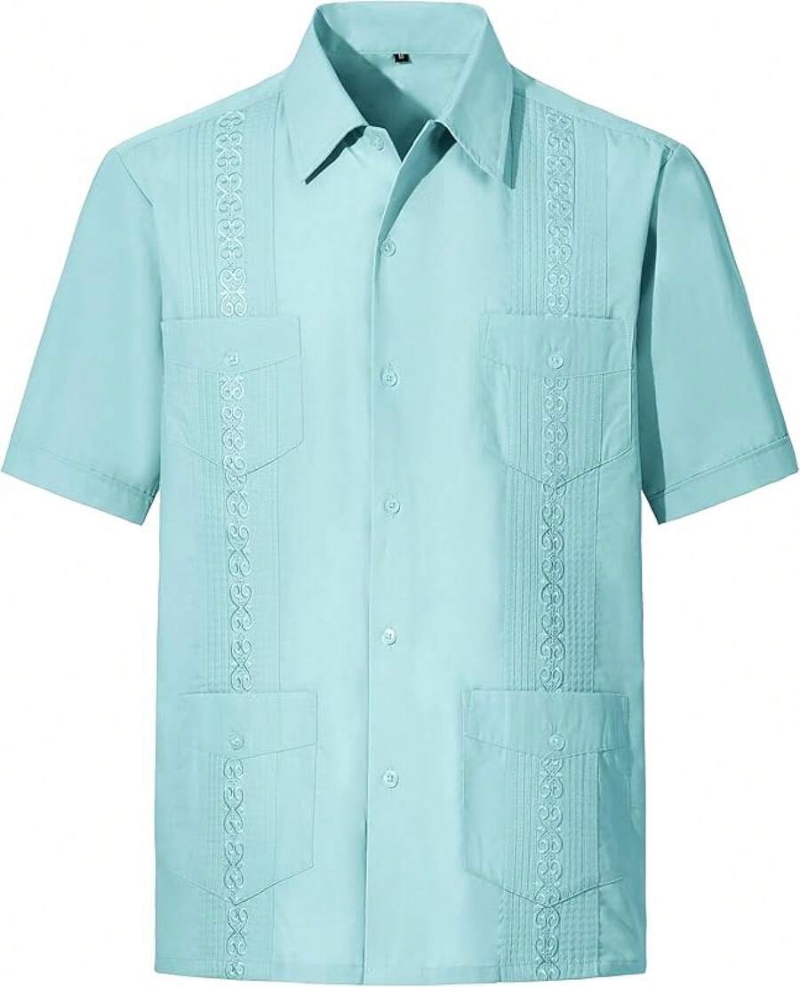 Mens Short Sleeve Button-Down Guayabera Shirts For Men Cuban Embroidered Pleats Beach Shirts…Halloween - Lakeblue - View 1