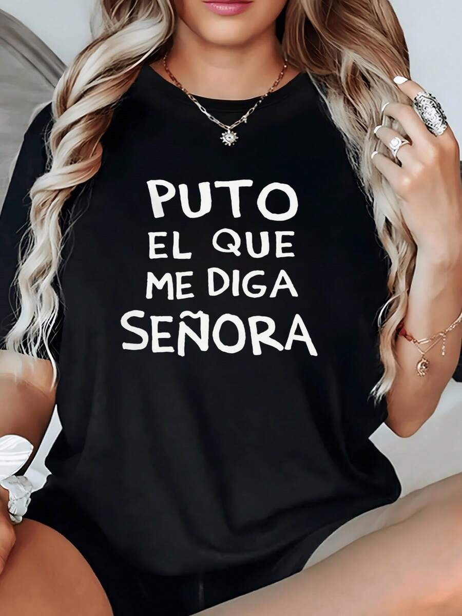 Camiseta Casual Moderna Negra 1 unidad de Camisa de T 100% algodón para Mujer con Frase Audaz y Divertida Puto el que me diga Señora Camisa de T con Estampado Digital 220 Gramos Para Uso Diario con Estilo Urbano - Negro - Ver 1