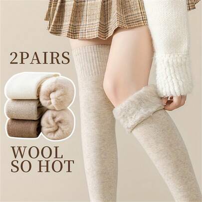 2-Pairs Autumn And Winter Over-The-Knee Socks For Women, Wool Thermal Lined Thermal Long Socks With Anti-Freeze Protection, Thick Warm Cold-Resistant Knee-High Socks