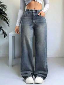 Straight Leg Loose Casual Jeans With Pockets, Versatile For Teenage Girls - Medium Wash - View 5