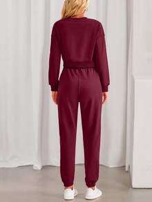 Women Fall 2 Piece Outfits Casual Long Sleeve Crop Top Drawstring Pant Jogger Suit Jumper Sportswear Sweatsuits Tracksuit Matching Set - 酒紅色 - 查看 2
