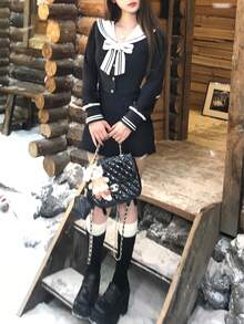 1 件海军蓝领子收腰长袖制服连衣裙，蝴蝶结装饰甜美性感迷你连衣裙，女子团体舞台表演和毕业服装 - 藏蓝色 - 查看 8