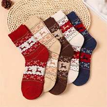 5 Pairs Of Cozy Reindeer Print Mid-Calf Socks - Warm, Thick Christmas Socks For Women, Festive Animal Design In Red, Beige, Brown, And Navy Blue, Perfect For Holiday Celebrations, Christmas Socks