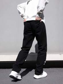 Men's Denim Brand Washed Pants With Cross Print Straight Leg Men's Jeans-Black - 黑色 - 查看 2