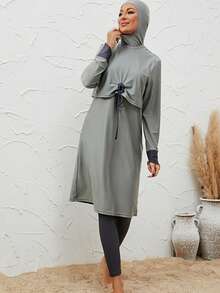 VFJ Burkini Muslim Women's Plain Islamic Grey Swimsuit Long Sleeved Full Set 3PCS Beach Outfit With Hat