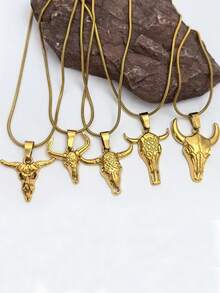 1 pieza Collar de acero inoxidable chapado en oro de 18K personalizado de estilo hip-hop callejero, collar con colgante de calavera de toro de acero inoxidable vintage, joyería de estilo occidental vaquero con dije de animal para hip-hop