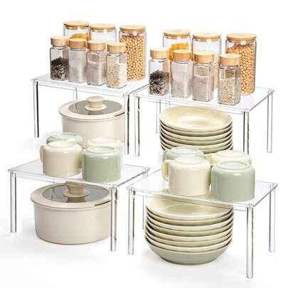 Organizador de gabinete de acrílico, juego de 4 organizadores de especias para gabinete, organizador de estantes de escritorio y encimera, almacenamiento y organización de despensa y cocina, estantes apilables, artículos esenciales para el hogar para regalo