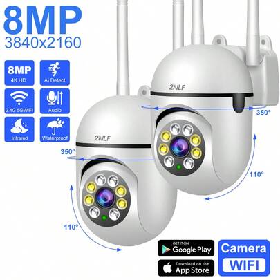 2NLF Pack 2 Cámaras WiFi Inalámbricas de Vigilancia 8MP | WiFi6 Banda Dual 2.4G/5G | Zoom 4X | Seguimiento AI de Personas | Audio Bidireccional | Visión Nocturna Color HD 1080*1920 | PTZ 360° | IP66 Impermeable | Almacenamiento MicroSD/Nube | Compatible 390eyes | Ideal para Hogar, Exteriores y Oficinas