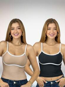 KIT 2 peças Regata Cropped Feminina Decotada com Bojo e Alças Finas 2334 com Costura Contraste no Busto - Tamanho Único - Fashion, Blogueira, Confortável, Lindo, Delicado, Ocasional e Moderno - Bege e Preto - Visão 1