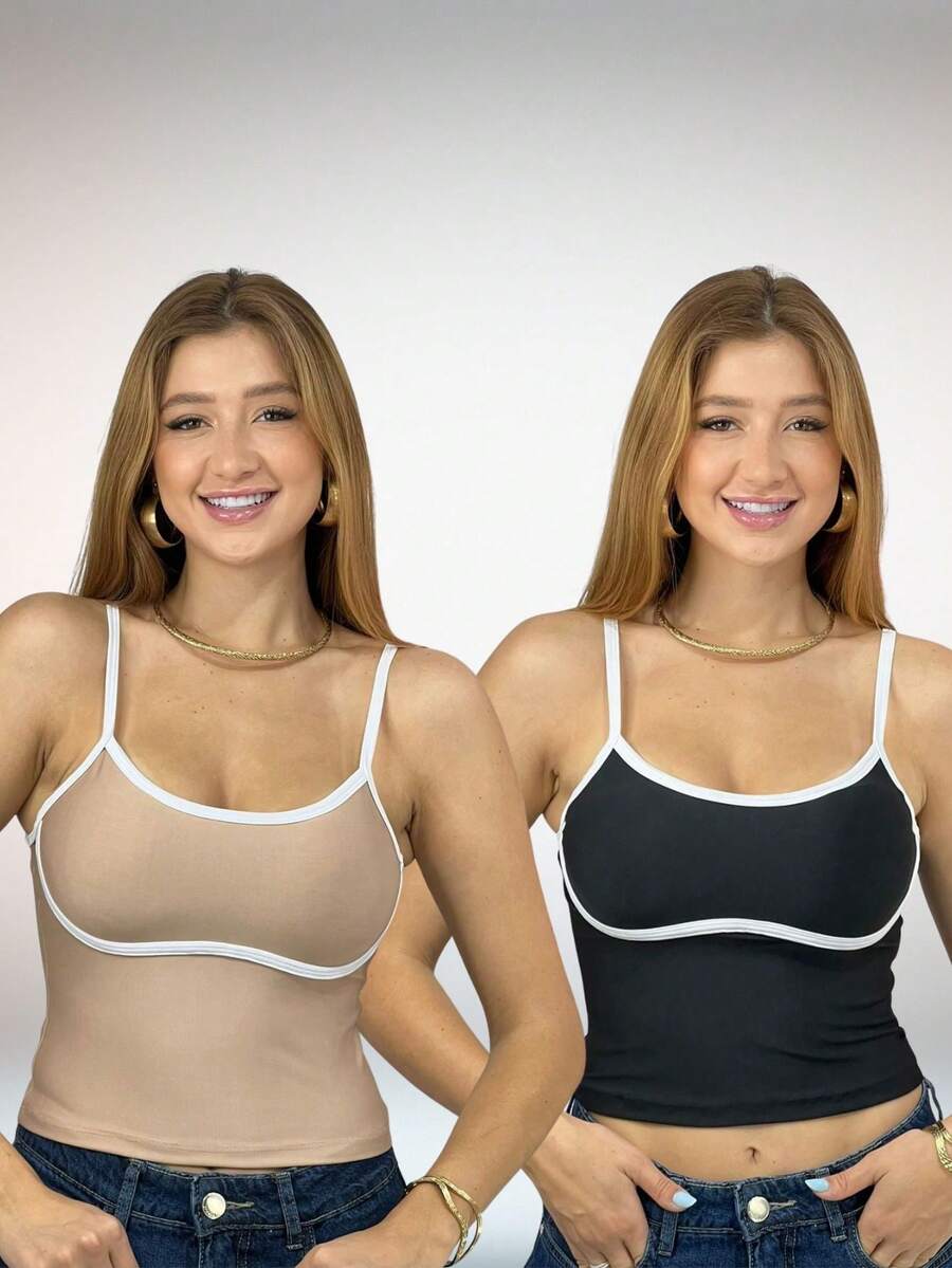 KIT 2 peças Regata Cropped Feminina Decotada com Bojo e Alças Finas 2334 com Costura Contraste no Busto - Tamanho Único - Fashion, Blogueira, Confortável, Lindo, Delicado, Ocasional e Moderno - Bege e Preto - Visão 1