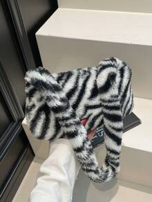 CHICVUE New Autumn/Winter Mini Fashionable Black & White Contrast Zebra Pattern Fluffy Shoulder Bag, Casual Tote Underarm Soft Fluffy Solid Color Handbag, New Arrival Fur Bag For Women Gifts - Black and White - View 7