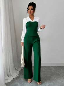 Conjunto de 2 piezas de mujer con rayas finas y parches, elegante y casual, con blusa de manga larga y pantalones, adecuado para la oficina y el hogar, primavera/verano/otoño