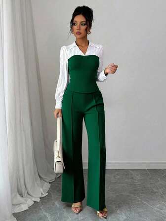 Damset med tunt randigt lapptäcke, elegant och avslappnad 2-delat set, långärmad topp och byxor, lämplig för kontor och hem, vår/sommar/höst